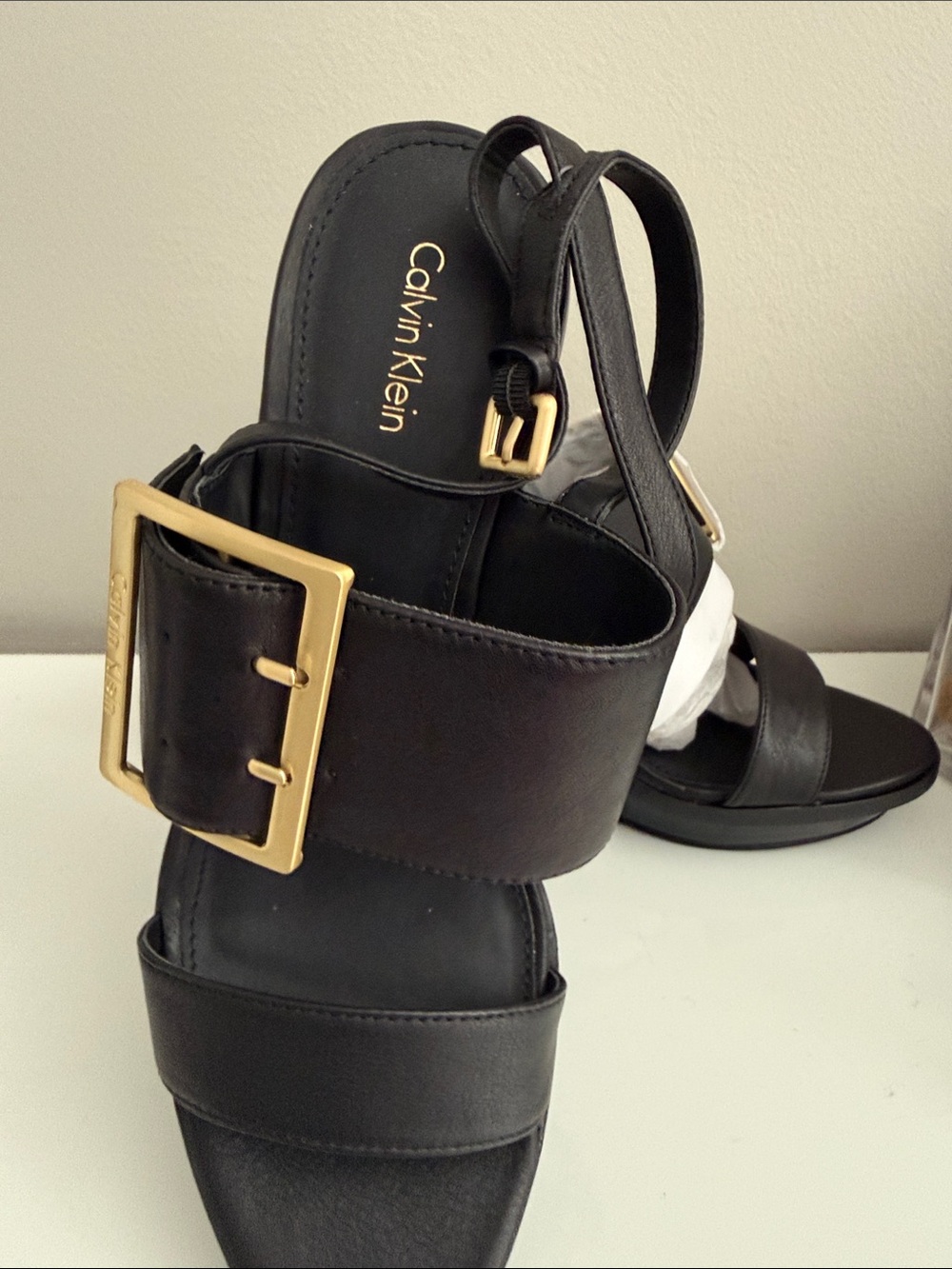 Calvin Klein Black Leather Sandals with Gold Buckles